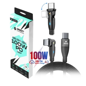 Kabel usb-c 100W power delivery szybkie ładowanie 1M czarny z LED