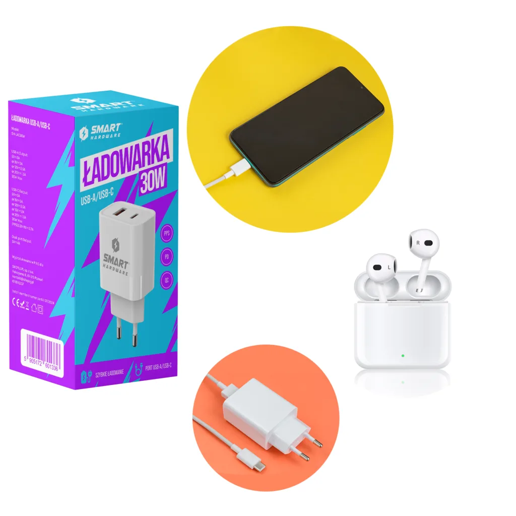 Ładowarka sieciowa szybka 30W usb-c usb-a pd smart hardware do telefonu