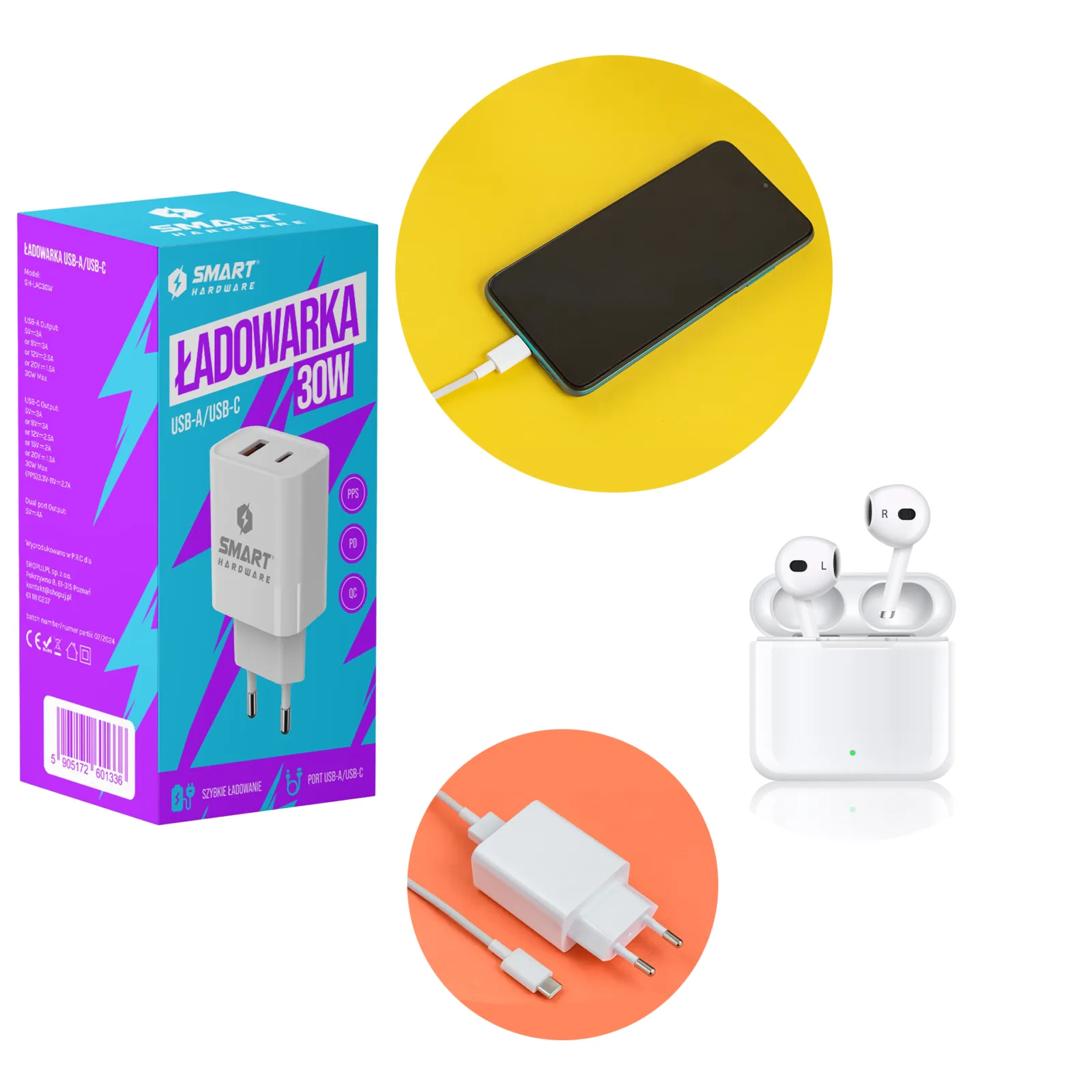 Ładowarka sieciowa szybka 30W usb-c usb-a pd smart hardware do telefonu