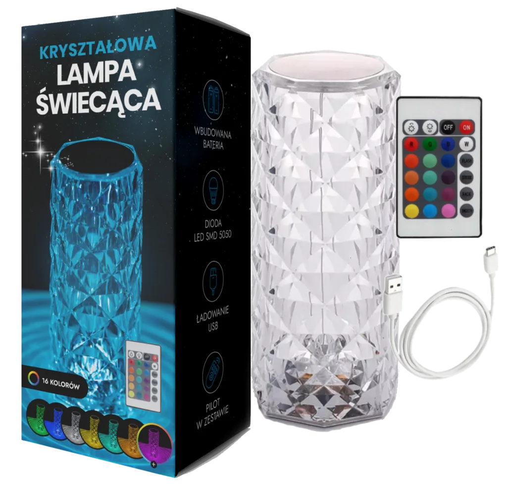 Lampka nocna kryształ RGB stołowa biurkowa pilot dotyk LED róża USB