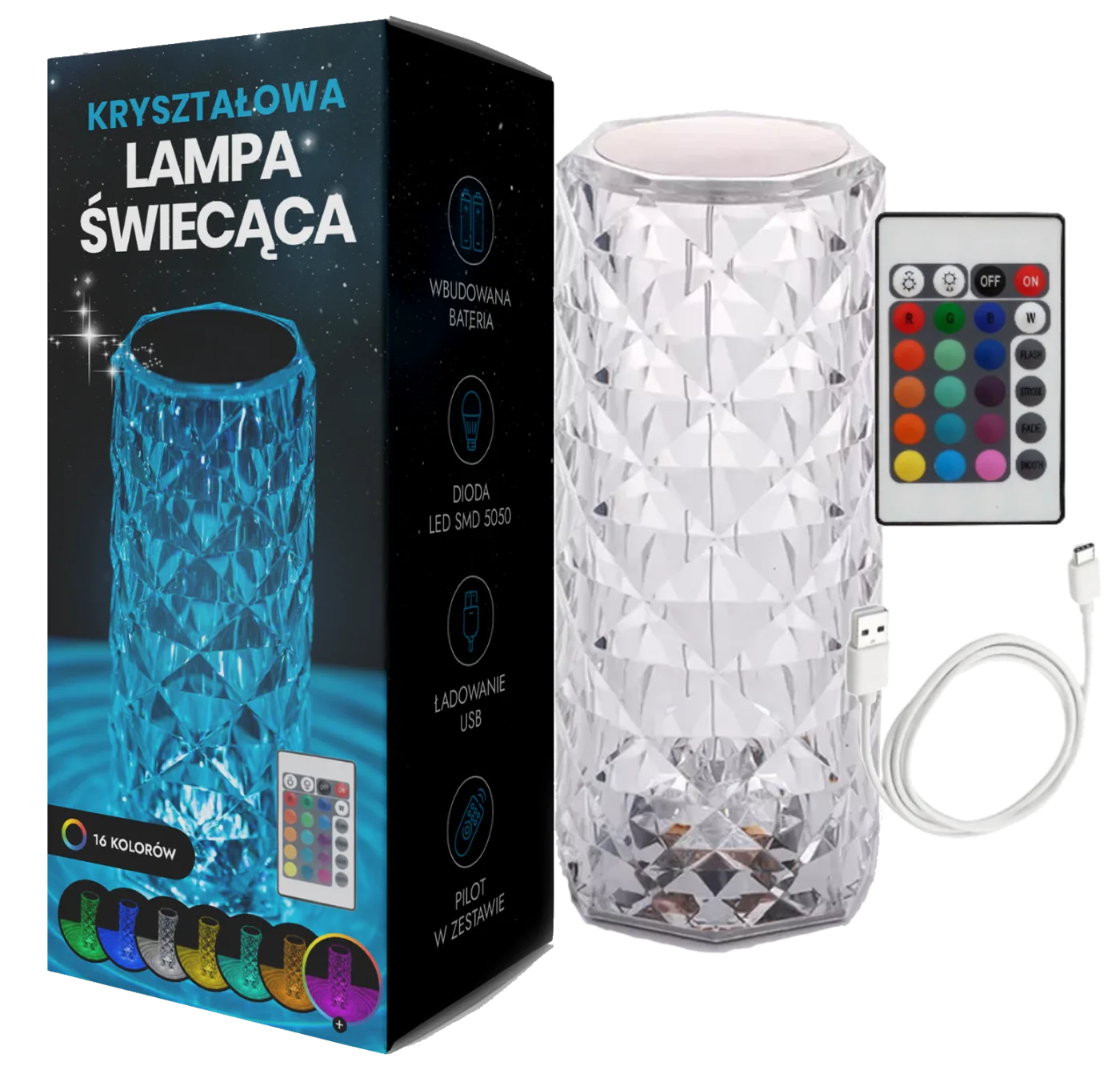 Lampka nocna kryształ RGB stołowa biurkowa pilot dotyk LED róża USB