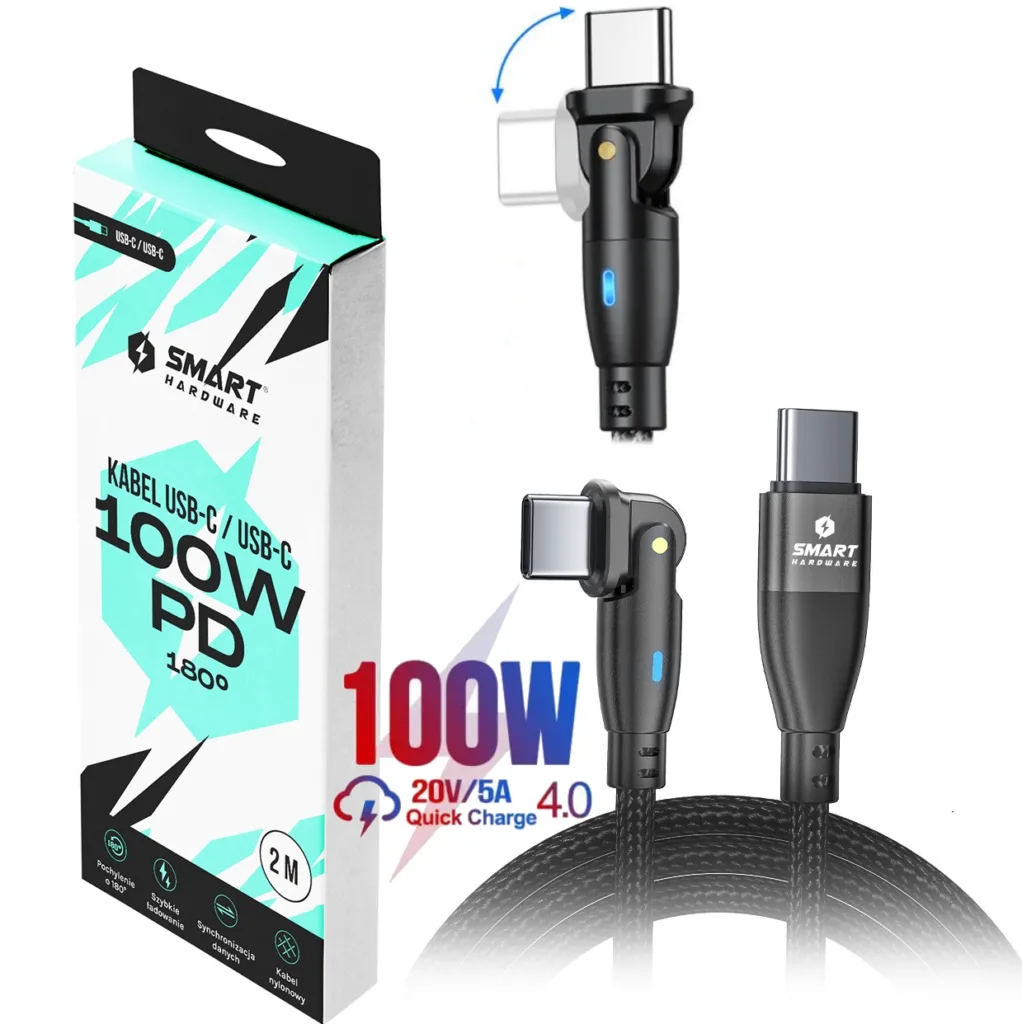 Kabel usb-c do usb-c 100W pd kątowy 180 stopni 1,8M czarny do laptopa