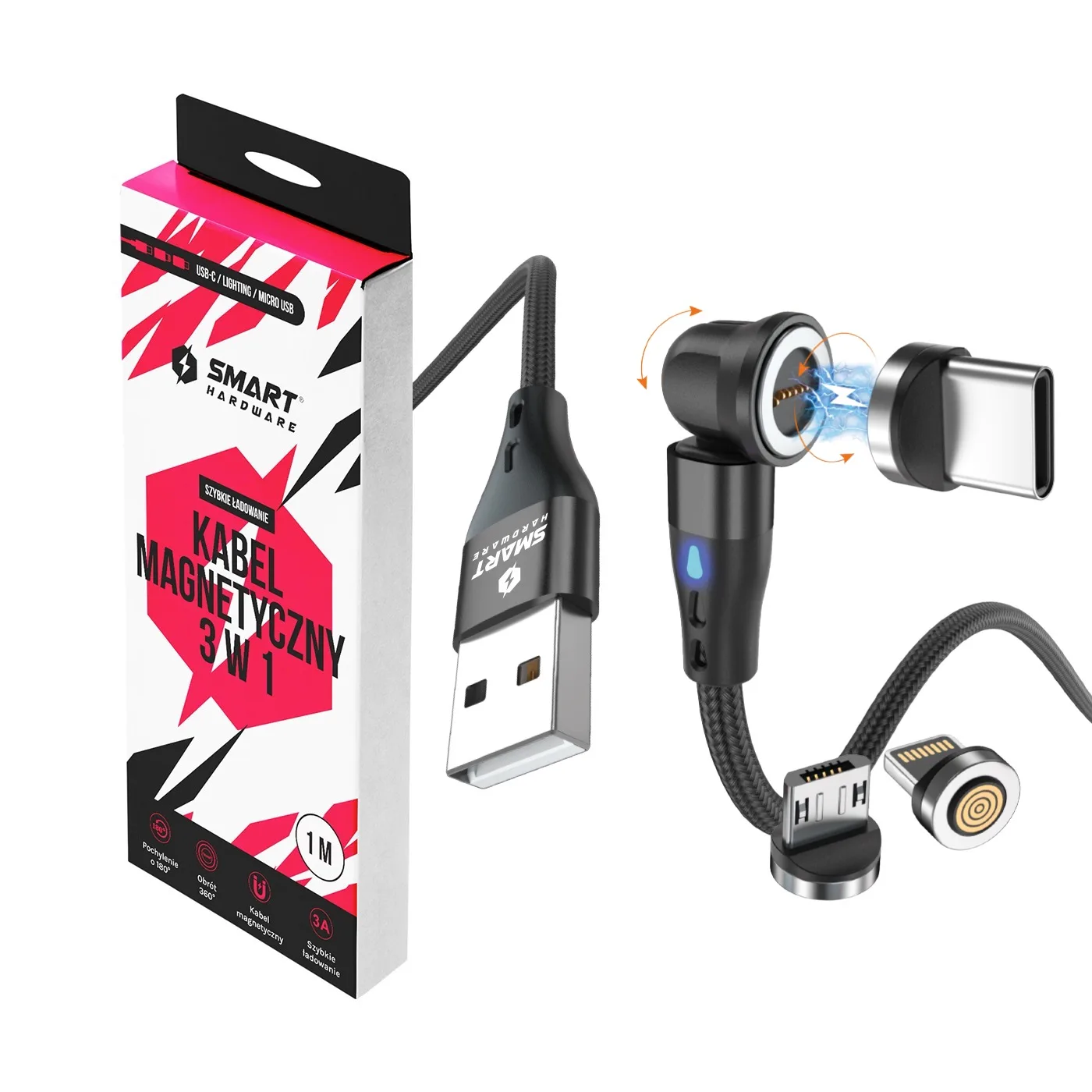 Kabel magnetyczny 3W1 usb-c micro lightning szybkie ładowanie 1M czarny